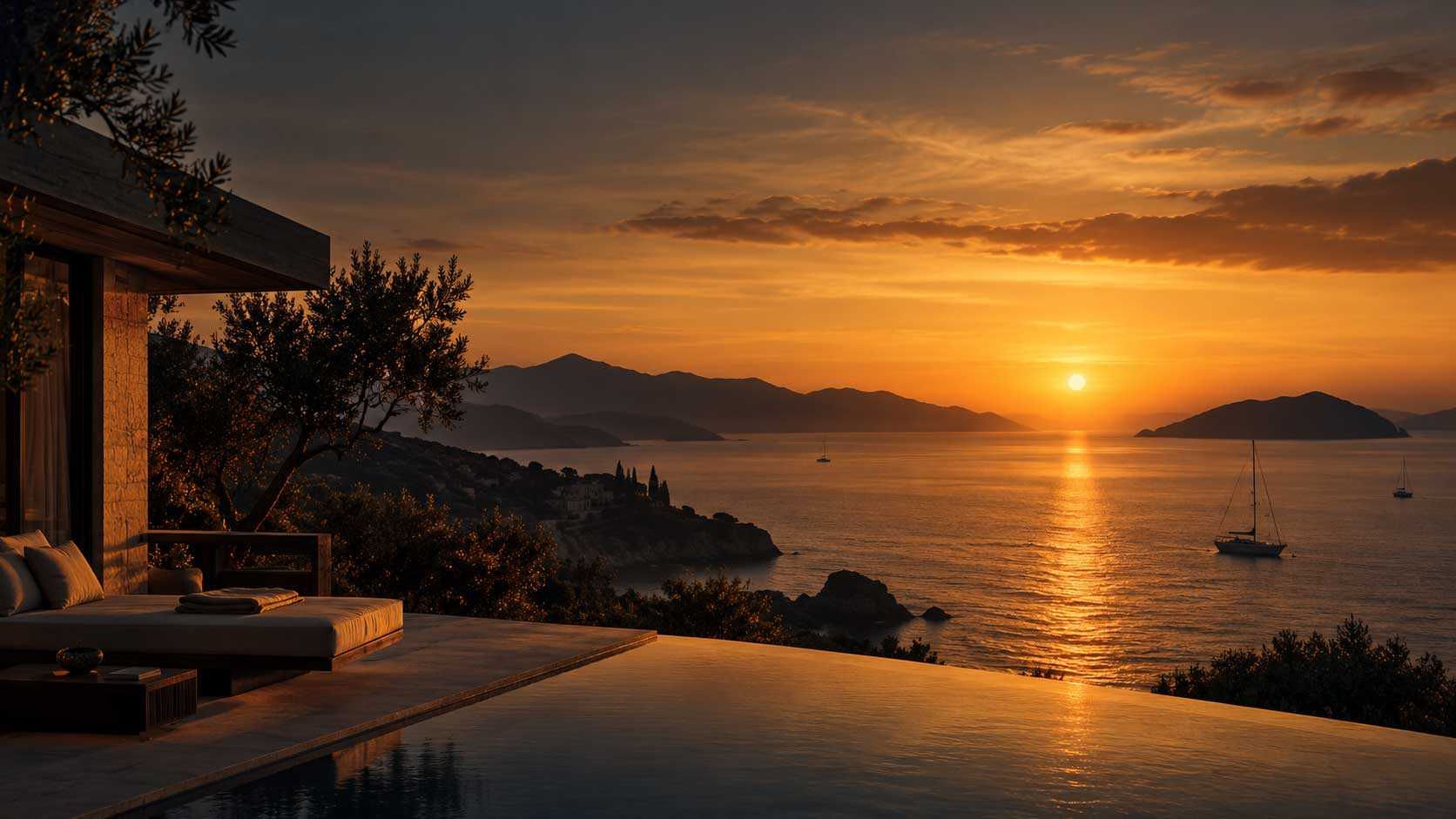 Villa overlooking the sea at golden hour.